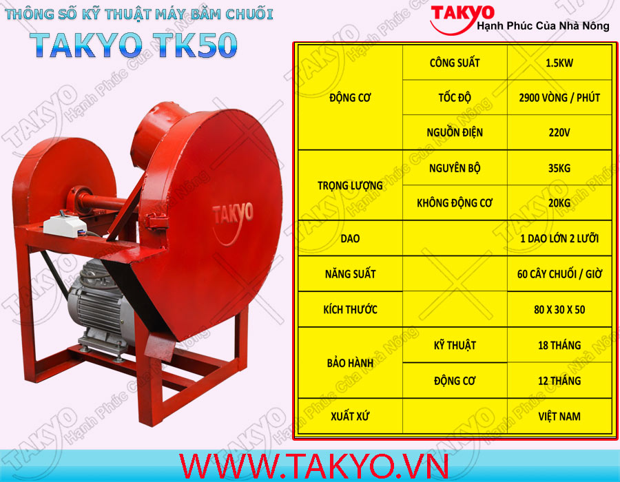 Thông số kỹ thuật máy băm thái chuối đa năng Takyo TK 50