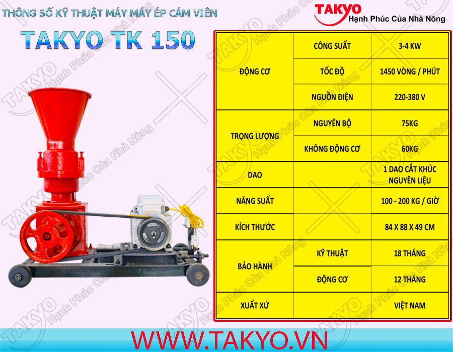 Thông số kỹ thuật máy ép cám viên hỗn hợp Takyo TK 150