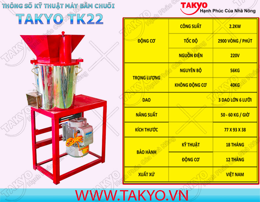 Thông số kỹ thuật máy băm nghiền đa năng inox Takyo TK 22