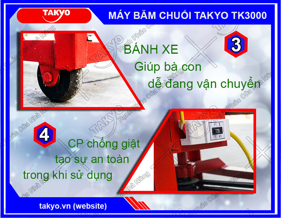 Takyo TK3000 được trang bị hệ thống bánh xe cùng cp chống giật đảm bảo an toàn cho người sử dụng