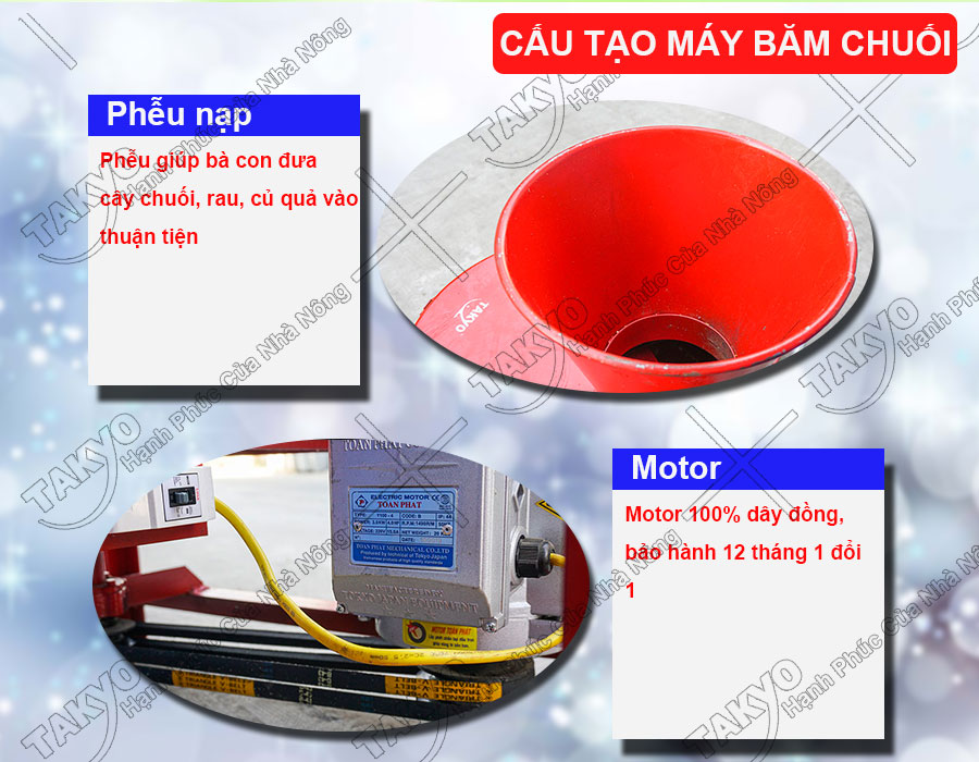 Ngoài ra máy băm chuối Takyo TK3000 được trang bị motor 3KW với lõi 100% dây đồng