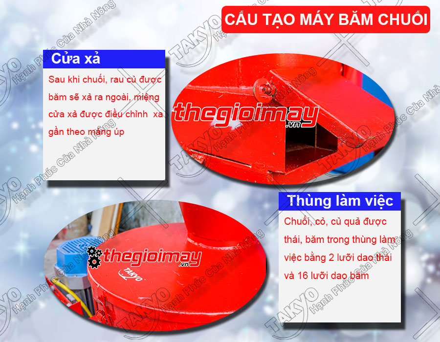 Máy băm chuối Takyo TK3000 với thiết kế 2 lưỡi dao thái và 14 lưỡi dao băm bằng inox sắc bén