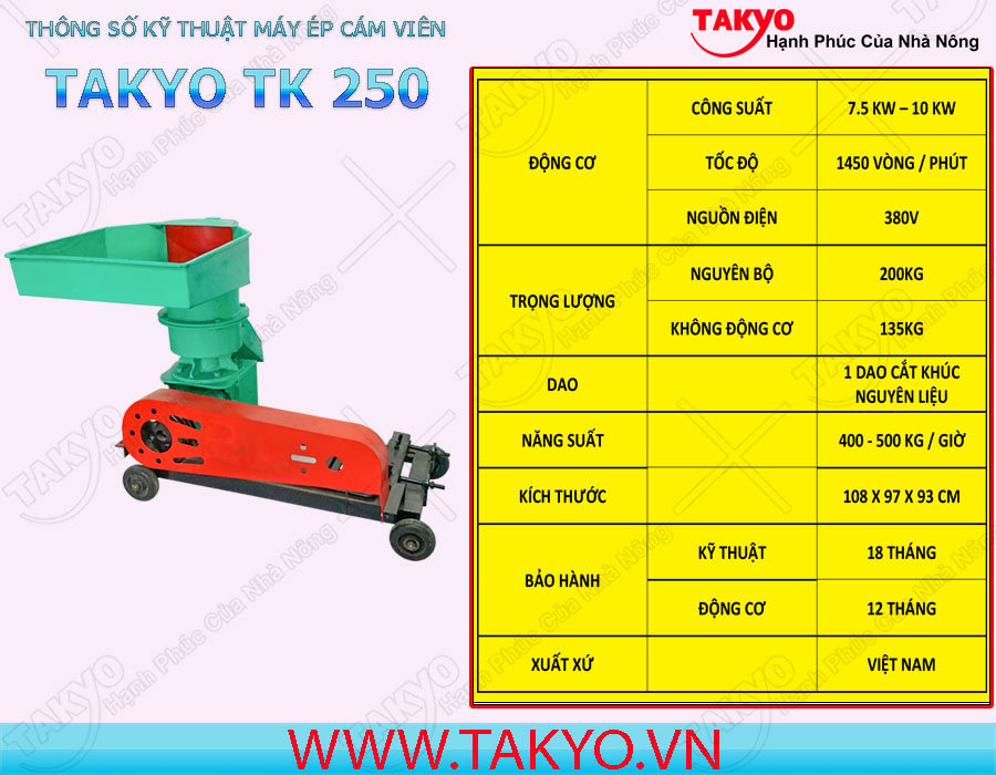 Thông số kỹ thuật máy ép cám viên hỗn hợp Takyo TK 250