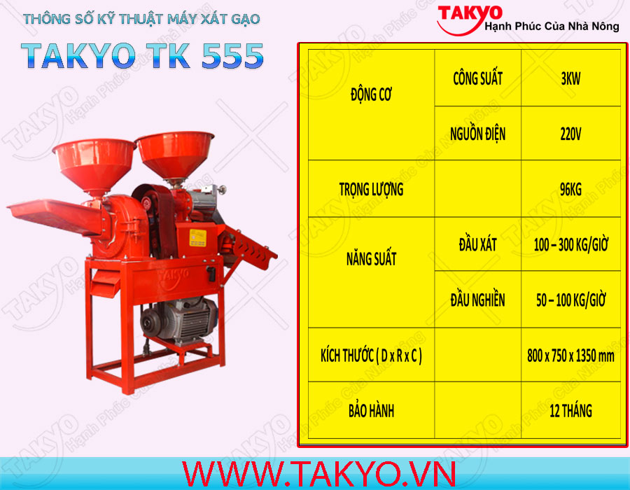 Thông số kỹ thuật máy xát gạo Takyo TK 555