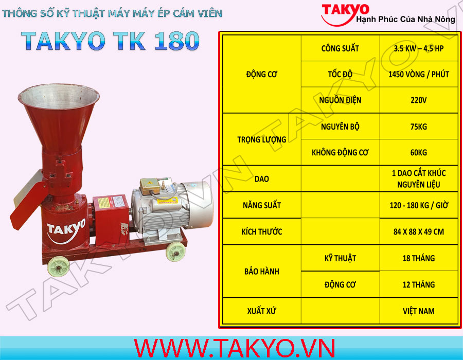 Thông số kỹ thuật máy ép cám viên hỗn hợp Takyo TK 180