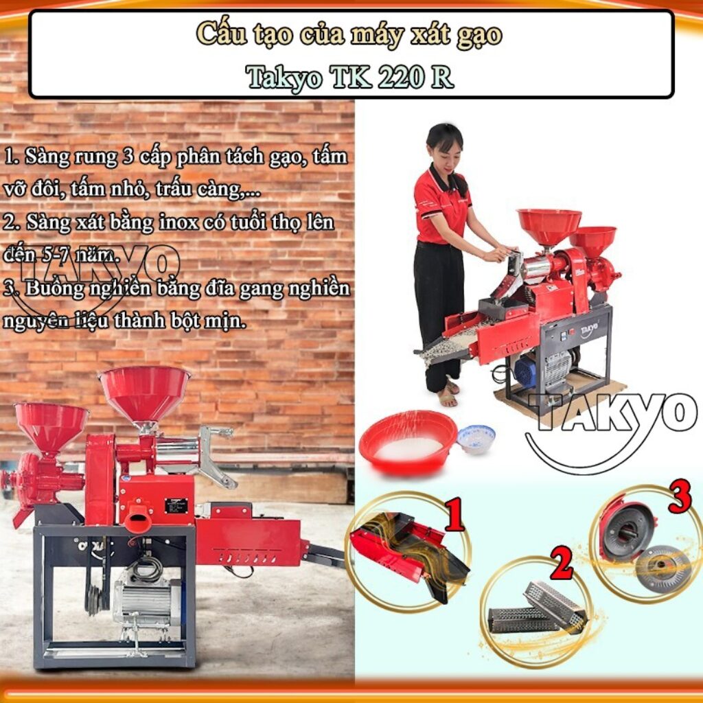 Cấu tạo của máy xát gạo mini Takyo TK 220 R vô cùng chất lượng