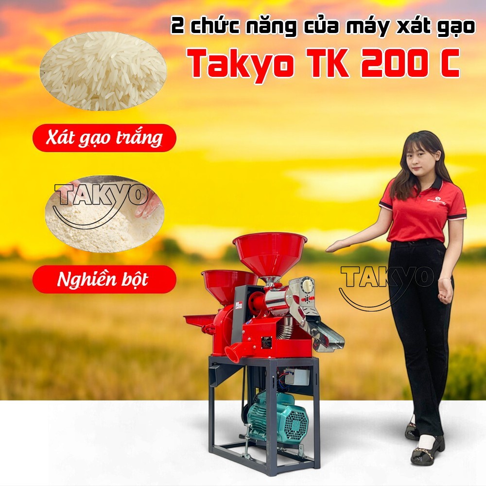 Máy xát gạo Takyo TK 200 C vừa có thể xát gạo trắng vừa có thể nghiền các loại hạt, trấu cám thành bột