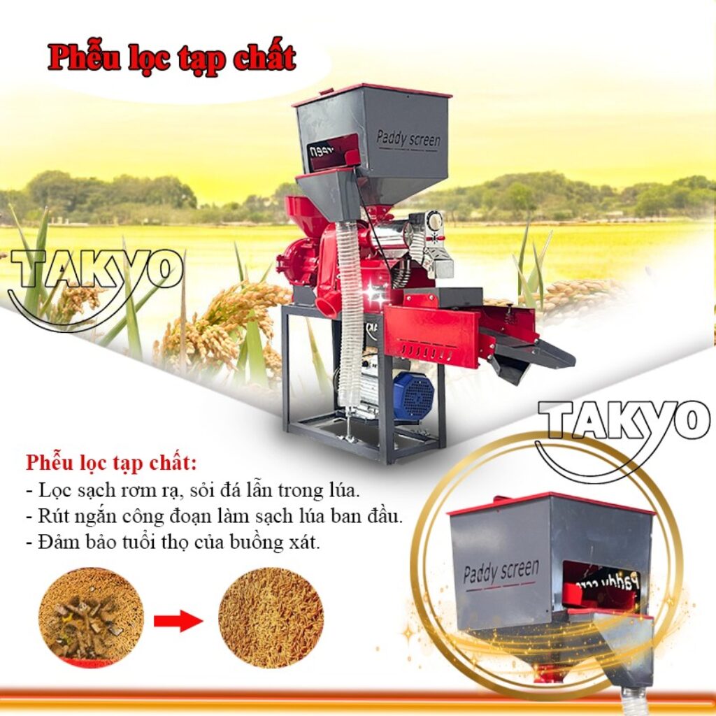 Máy xát gạo đa năng Takyo TK 220 CRP lọc sạch rơm rạ, sạn đá nhờ phễu lọc tạp chất