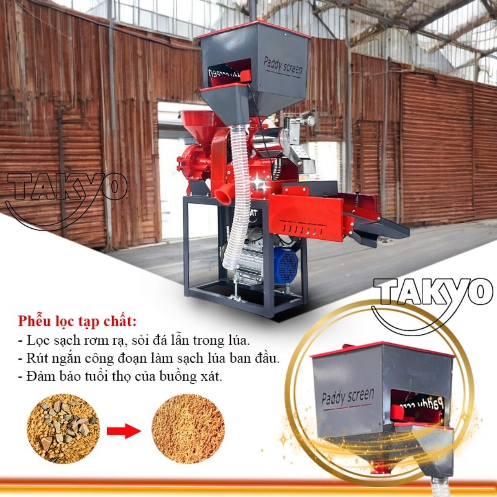 Máy xát gạo đa năng Takyo TK 220 RP có phễu lọc rơm rạ, sạn đá lẫn trong lúa