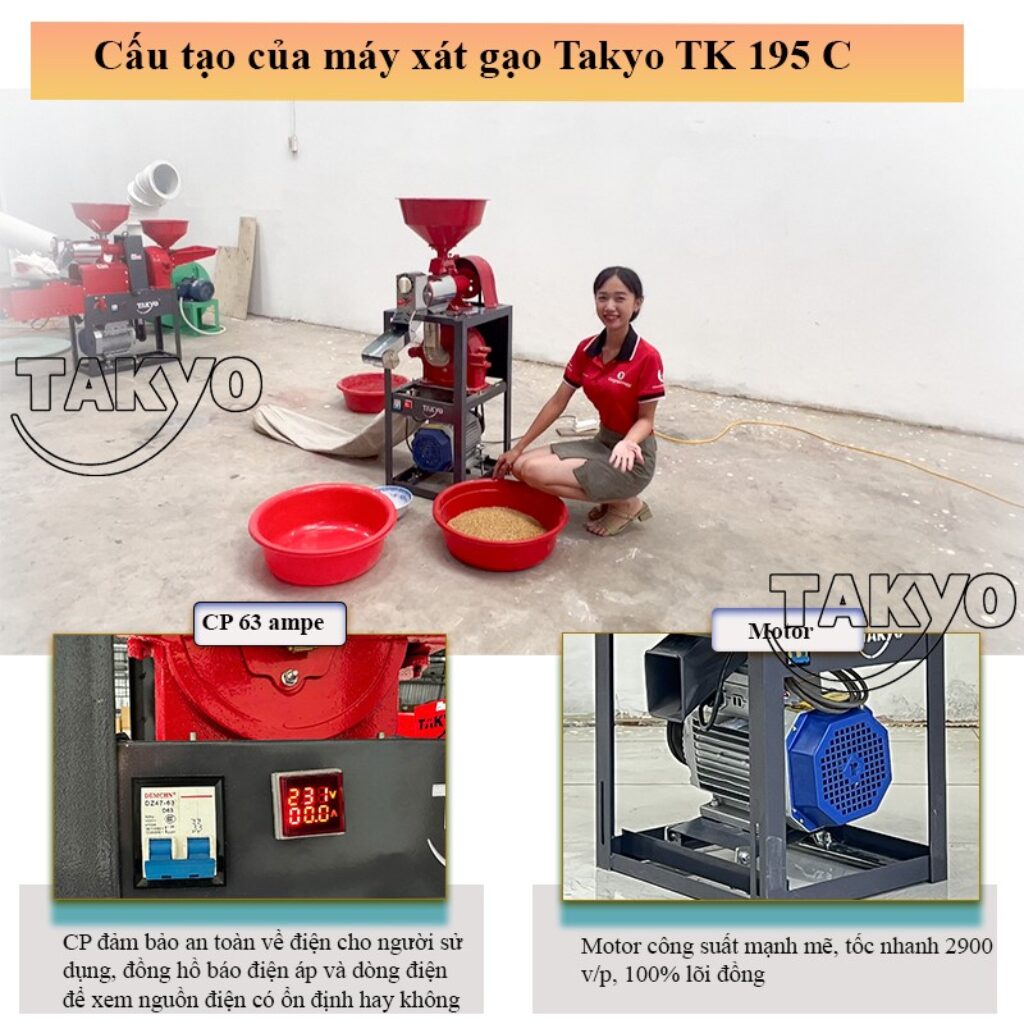 Máy xát gạo một pha Takyo TK 195 C sử dụng motor mạnh mẽ
