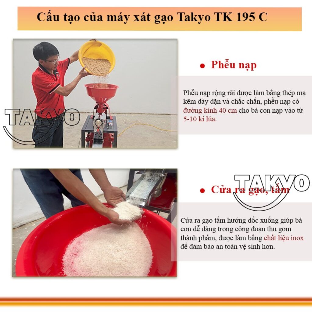Máy xát gạo nghiền bột Takyo TK 195 C có phễu nạp rộng rãi dễ nạp nguyên liệu