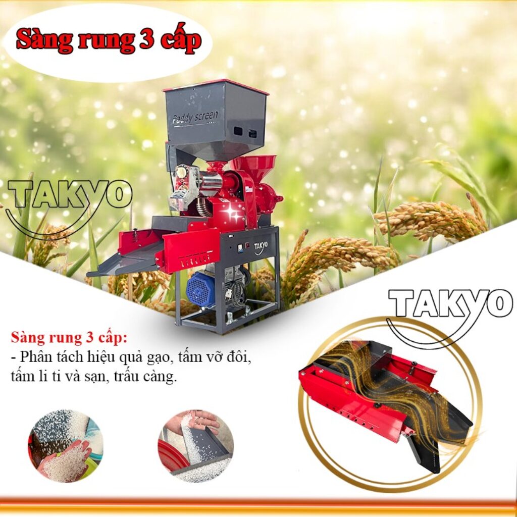 Máy xay xát gạo Takyo TK 220 CRP phân tách gạo, tấm, sạn nhờ sàng rung 3 cấp