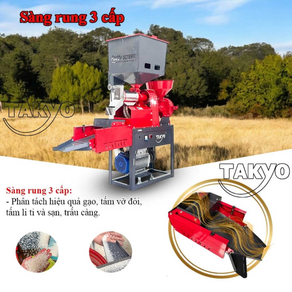 Sàng rung 3 cấp của máy xay xát gạo gia đình Takyo TK 220 RP phân tách gạo nguyên, tấm, sạn