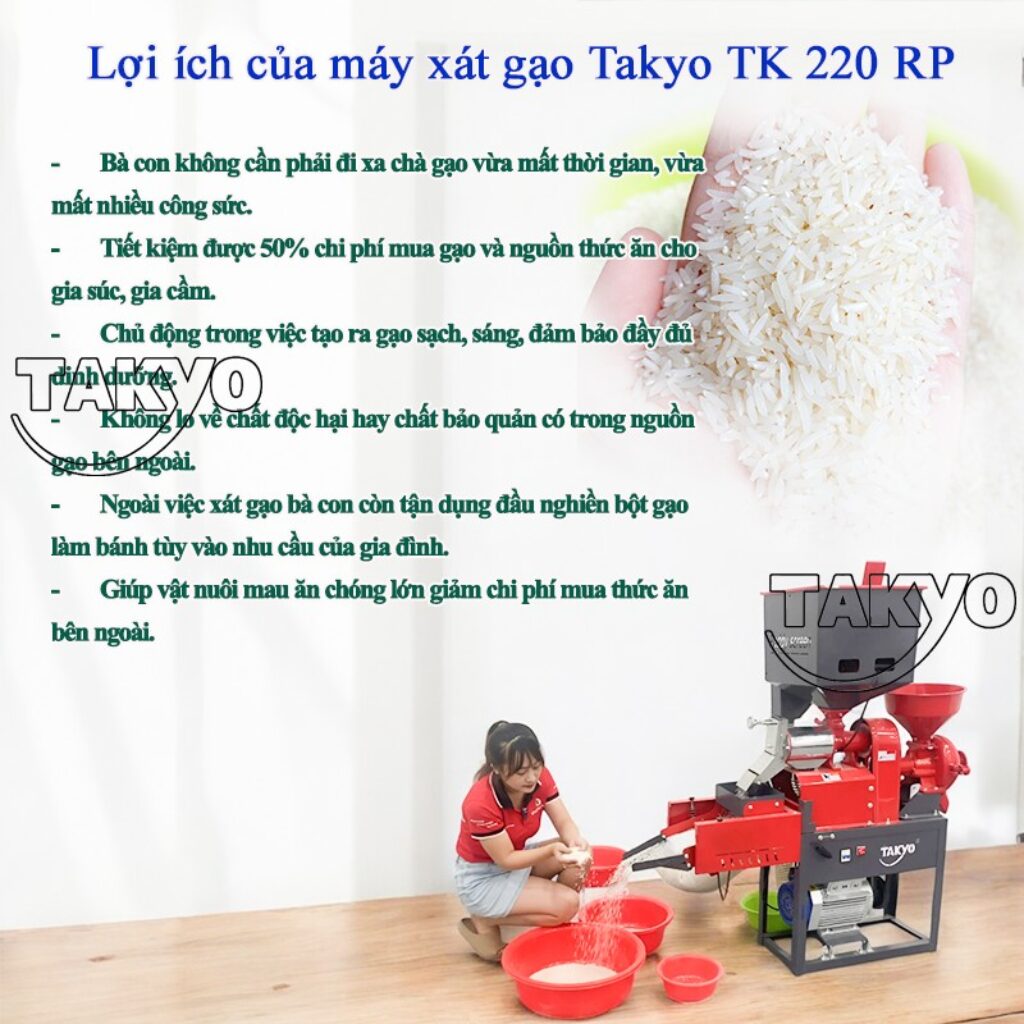 Sử dụng máy xát gạo nhỏ gọn Takyo TK 220 RP giúp bà con tiết kiệm 50% chi phí mua gạo và nguồn thức ăn cho vật nuôi
