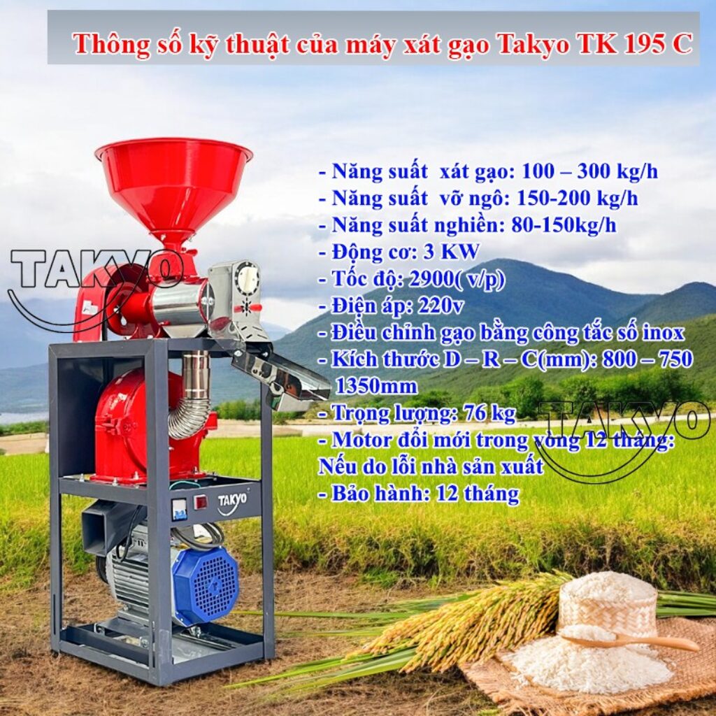 Thông số kỹ thuật máy xát gạo hai chức năng Takyo TK 195 C