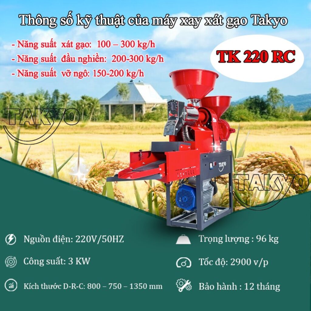 Thông số kỹ thuật của máy xay xát gạo gia đình Takyo TK 220 CR