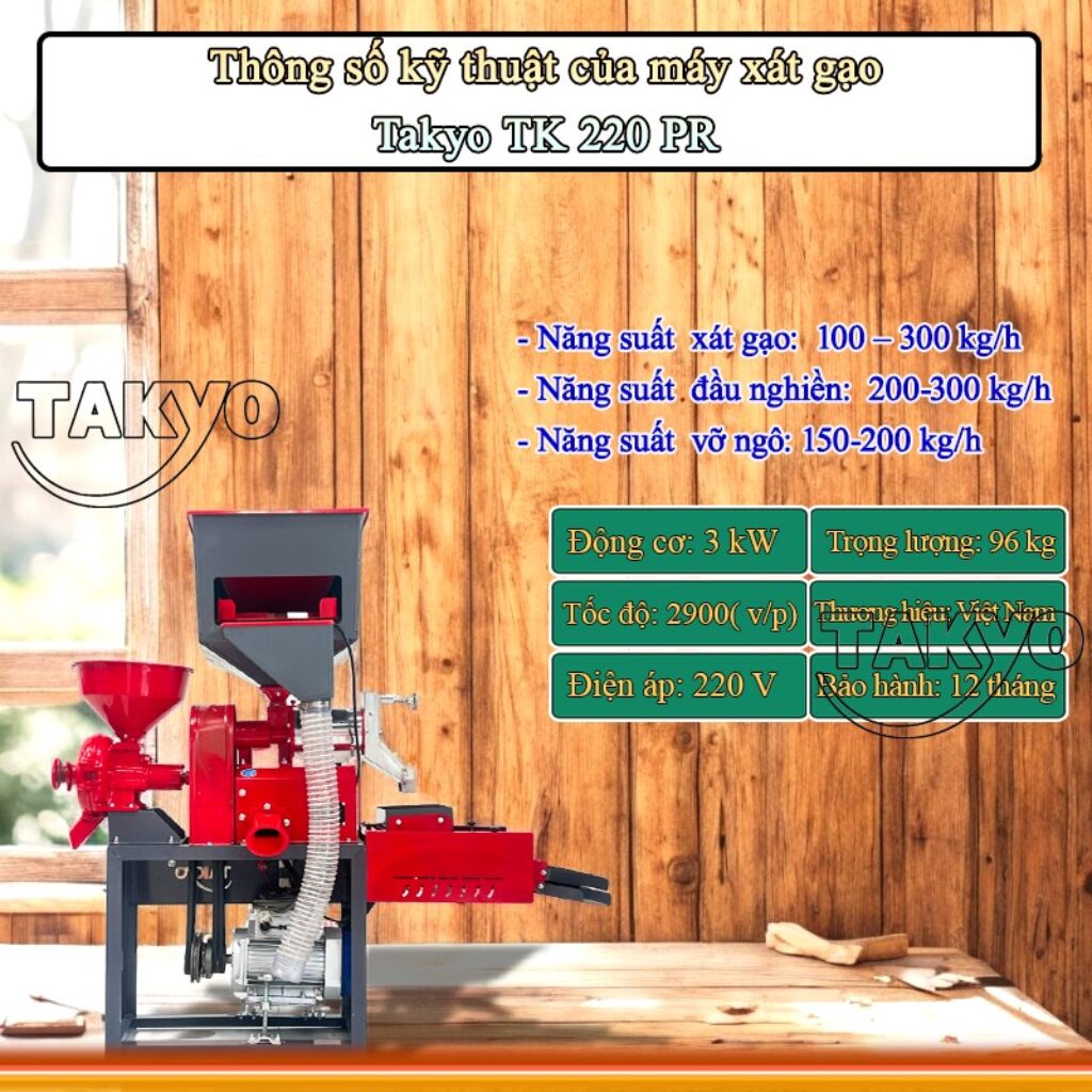 Thông số kỹ thuật của máy xay xát lúa gạo mini Takyo TK 220 RP